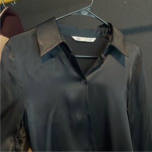 Zara black silk button down shirt